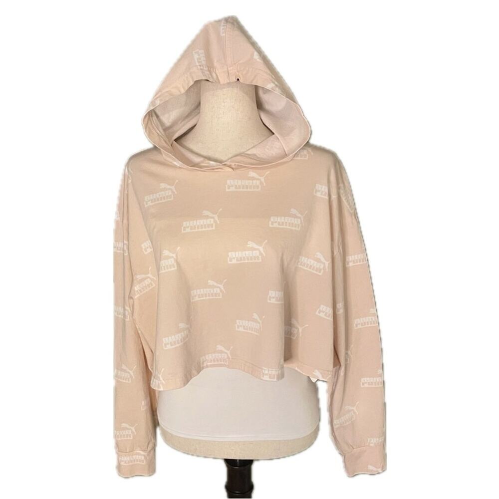 Puma Women's Crop Hoodie Tee Long Sleeve Logo Print Peach Blush Size XL